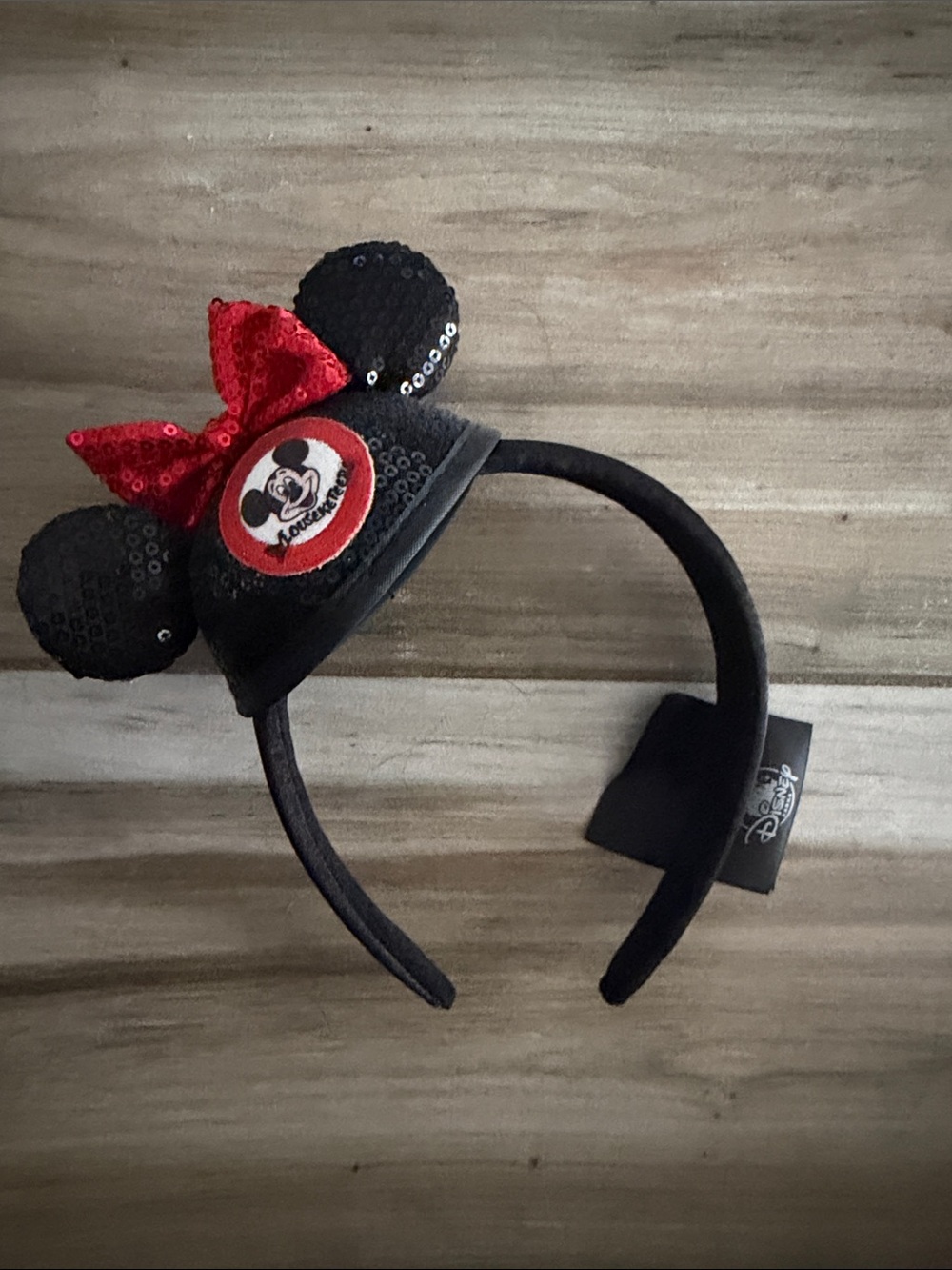 Disney Black Sequin Minnie Ear Headband with Red Bow